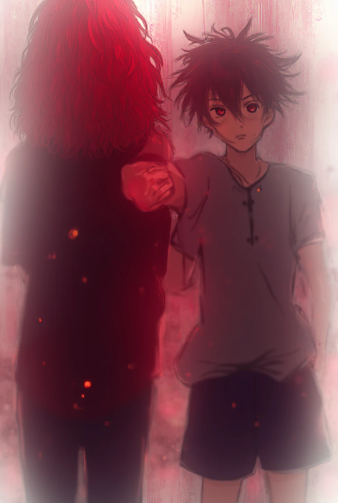  Half of the body showing a dark red haired teenager, with a black shirt,red coat,  holding the arm of a black-haired teenager ,  polo shirt tucked into black shorts , coat hanging around the neck .  anime style 