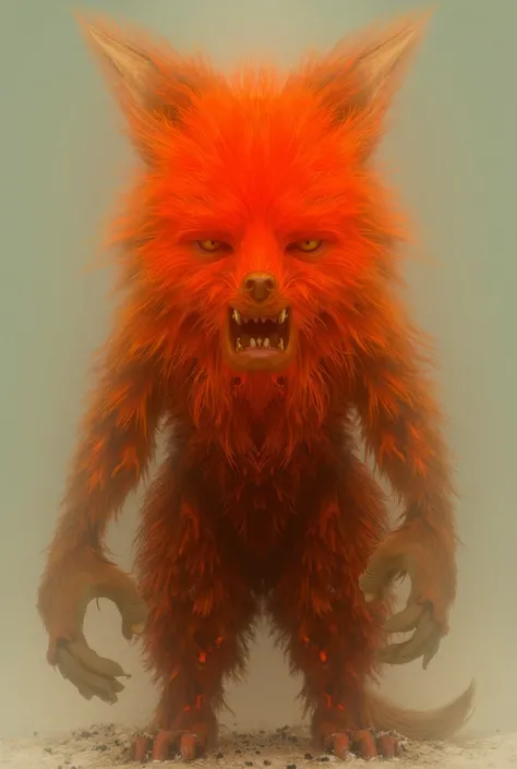 A werewolf half an orange-red fox with a yellow right eye and a black eye on his left eye he has some white and gold teeth on his left hand a hook and on the right an iron hand and he wears ripped brown shorts and his legs are made of iron and he has two f...