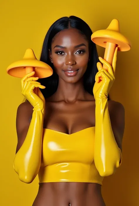 A modern photo of a pretty Jamaican woman holding a massage stick long mushroom shape made of flesh-color silicone, a powerful phallic symbol, a cheeky design and a clean product photo. The woman is wearing a tight and glossy yellow latex top, and long lat...