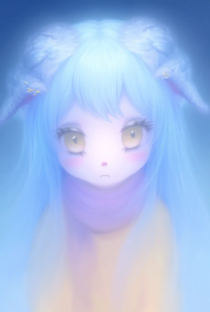 lamb girl ,  with long pastel blue hair that are very strongly twisted in spirals at the ends.  there is a star clip on her head .  she has pastel blue horns and ears in hair color .  her eyes are yellow with pastel purple eyelashes .  she is wearing a pur...