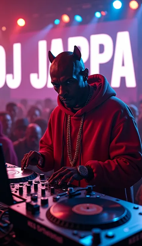 
"A humanoid Pitbull-like DJ dressed in a rapper-style outfit performs at a hip-hop party. The DJ is using Technics turntables playing vinyl records, surrounded by a vibrant party atmosphere. In the background behind him is a large screen displaying the wo...