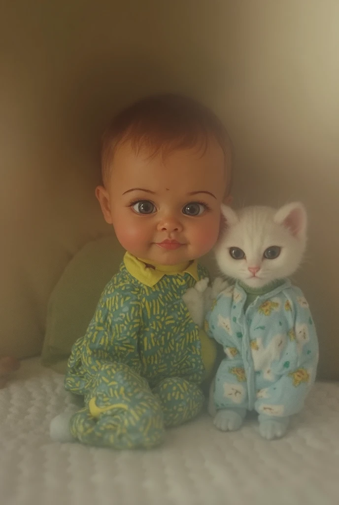 A realistic baby features Brazilian ,  in a green and yellow bori outfit , sitting on the sofa in the living room, Next to you a realistic white cat the size,  in blue and black pajamas sitting next to the baby