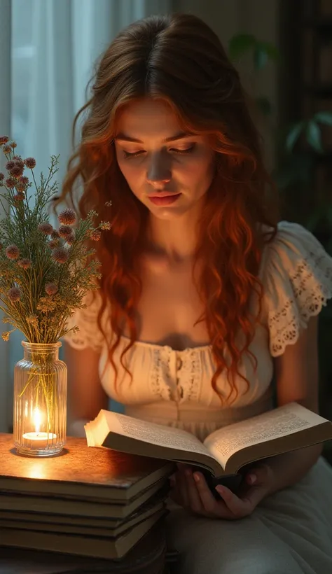 Une jeune femme aux longs cheveux bouclés roux, vêtue dune robe en dentelle et à froufrous, lit un livre à la lumière dune grande bougie. Quelques plantes et fleurs dans un vase en verre transparent au-dessus de la table, posées au-dessus dune pile de livr...