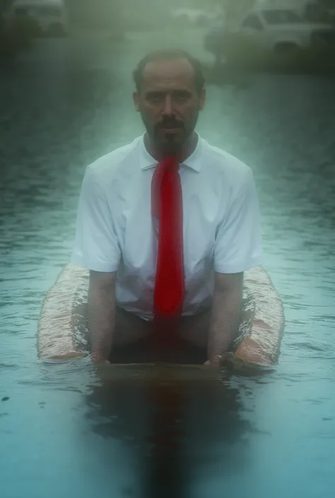 White shirt and red tie ,  safety inside a kayak in the flooded parking lot