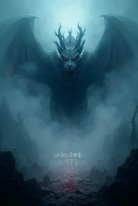 Create an image of a dragon and in the background that says dark master