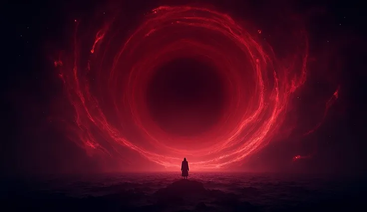 A swirling black hole opens in the depths of space, with fiery red light pulsing from its core. A shadowy figure looms on the edge, poised to strike. The atmosphere is dark, foreboding, and powerful. --ar 16:9
