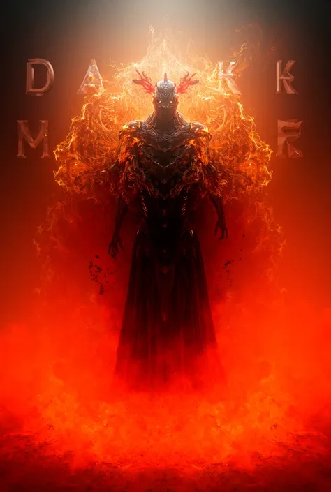 Create an image of an alcon engulfed in flames and in the background that says dark master