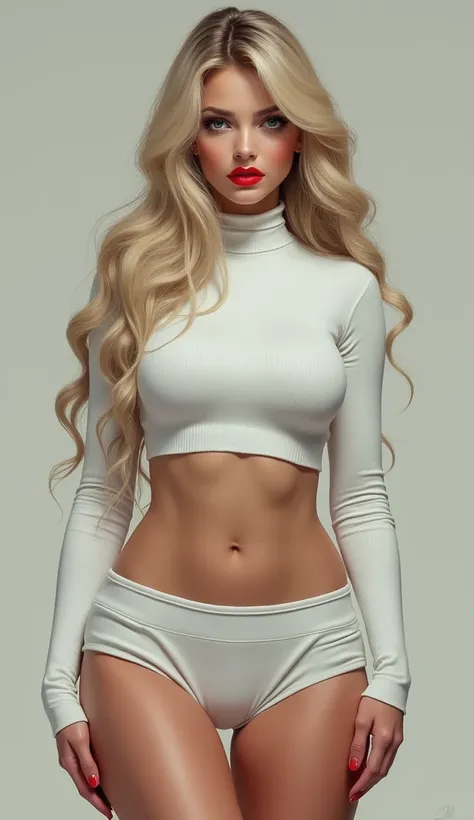 Whote girl1, Long Hair, Blonde Hair, Large breasts, big butt wearing white turtleneck long sleves ,mini white skirt,   big eyelashes Makeup, Red Lips, bug lips 