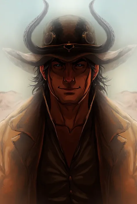 Male anime character with cowboy hat and black horns