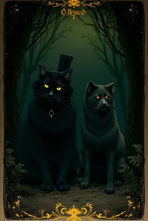 A tarot card style illustration of "O LOUCO" featuring a serious, enigmatic and elegant cat with a bundle on its back, next to a serious dog, in a forest in the style of a mystical anime, dark colors, vintage, rich colors, atmosphere ethereal and mystical,...