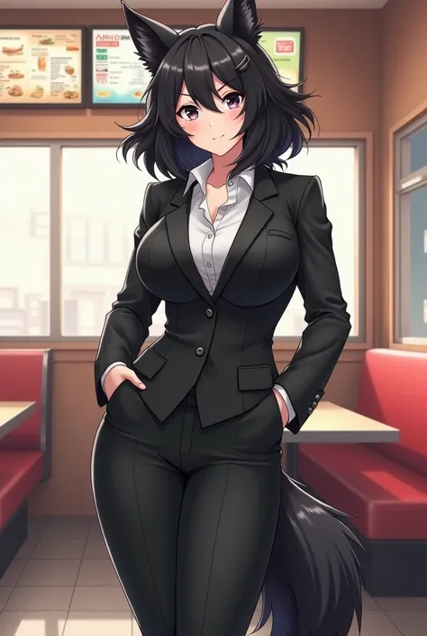 A drawing artwork on paper of a tall girl that is muscular slightly with big breasts and a big butt in a black business suit at a fast food restaurant, the women is the manager she has a white skin color, the girl has black eyes, she has a wolf cut haircut...