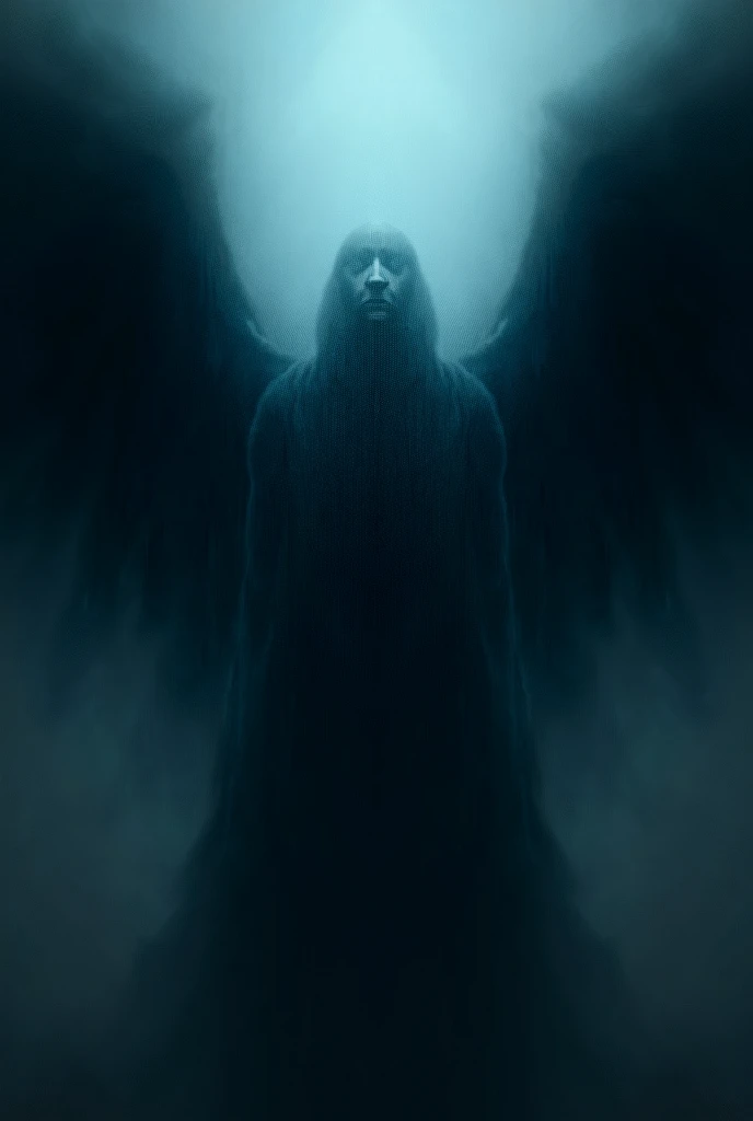 Create an image of an angel with black wings and in the background that says dark master