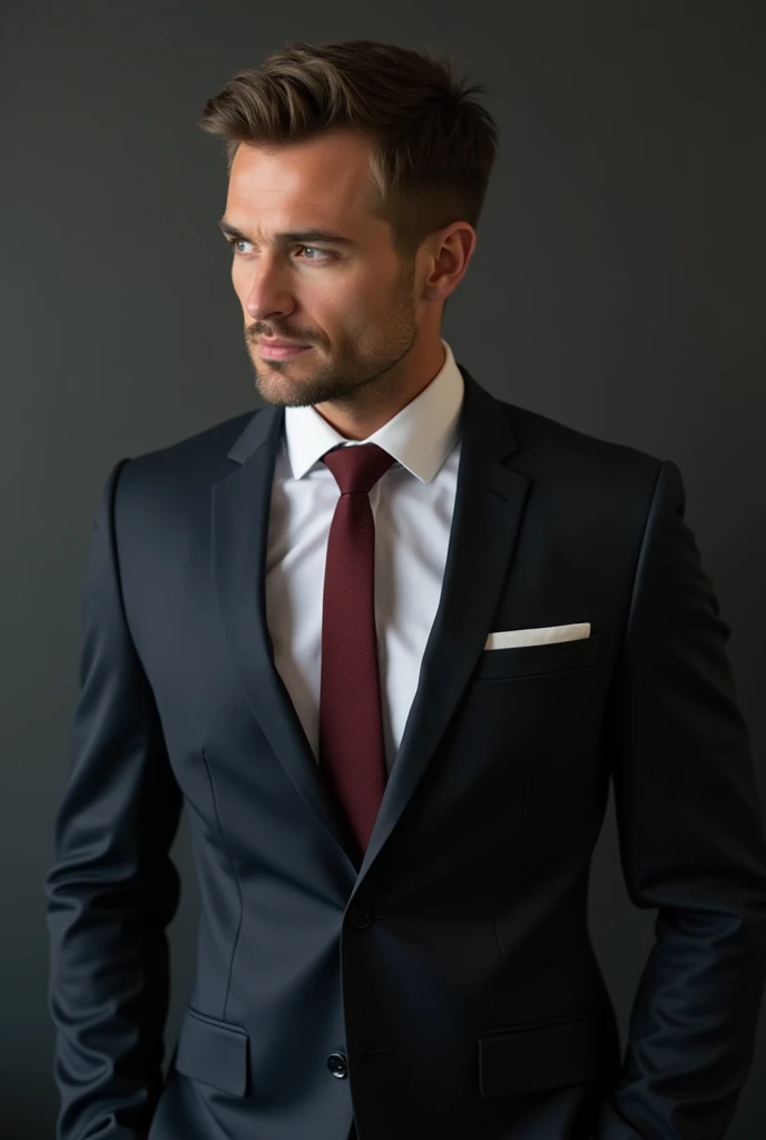 A handsome man wearing a suit, has an erection