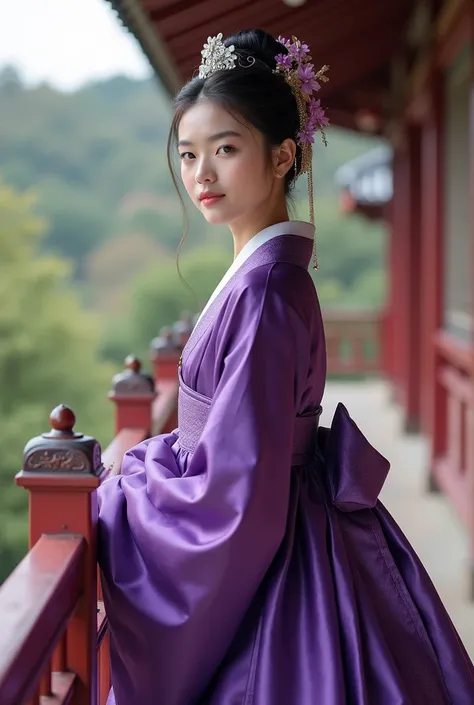 a close up of a woman in a purple dress standing on a balcony, a picture inspired by Jeong Seon, trending on cg society, renaissance, hanbok, korean hanbok, wearing a noblewomans outfit, hanbok apron, wearing ornate silk clothes, korean woman, as an elegan...