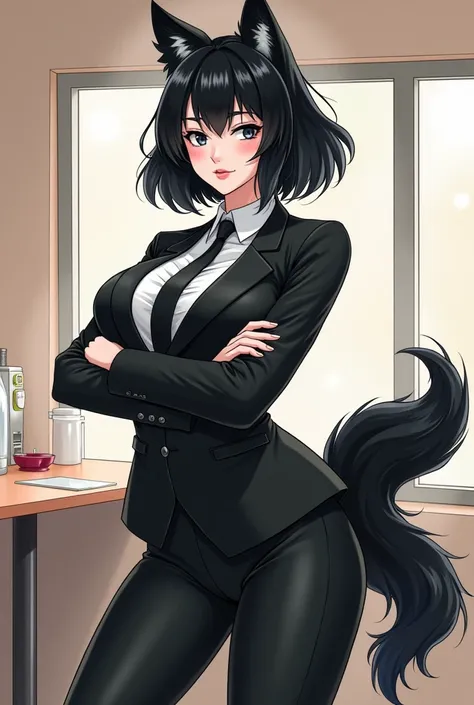 A drawing artwork on paper of a tall girl that is muscular slightly with big breasts and a big butt in a black business suit at a fast food restaurant, the women is the manager she has a white skin color, the girl has black eyes, she has a wolf cut haircut...