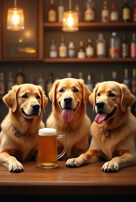  three golden retrievers gather、The background is a bar、1 animal is a 、 holding yakitori skewers 。1 animal is a 、 holding beer in a beer mug 。1 animal is a 、 glass 、 generating images of 3 golden retrievers drinking chuhai 。Super resolution photo 8k 、 with...