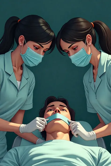 Two dominant young female nurses wearing a surgical masks put tape over a young male patients mouth covering his mouth completely as he lies helpless before her.