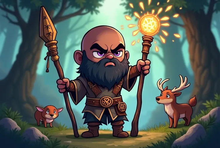  Create a chibi Cartoon style illustration of a black man, bald,  with a stern expression and violet eyes . He dresses like a Druid ,  with simple clothes made of leather and animal skin .  His position is dynamic and imposing .  He is leaning on a staff w...