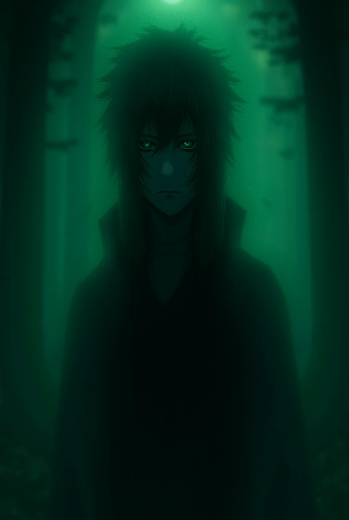 Un personaje de anime en  style inspired by the Uchihas  de Naruto,  with long straight black hair ,  messy tufts that fall on his face ,  bright green eyes with a detailed design reminiscent of the Sharingan but unique .  He wears a traditional modern Jap...