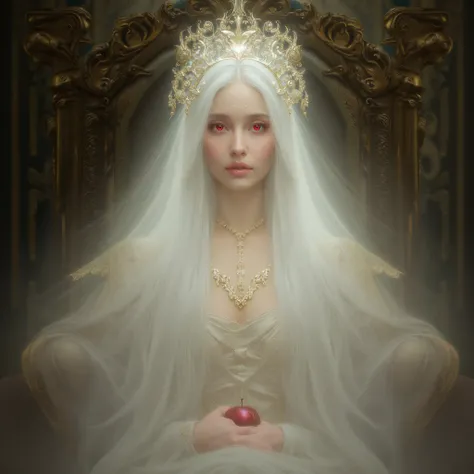  best quality, Albina woman with long white hair, queen,  sitting on the throne,  Accessories , Apple in the hand,  red eyes  