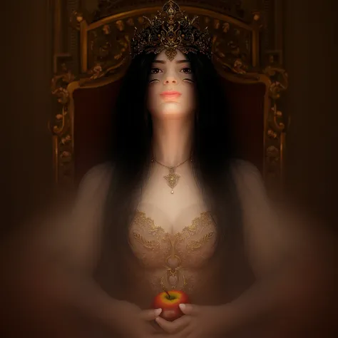  best quality, Albina woman with long black hair, queen,  sitting on the throne,  Accessories , Apple in the hand,  Light brown eyes 