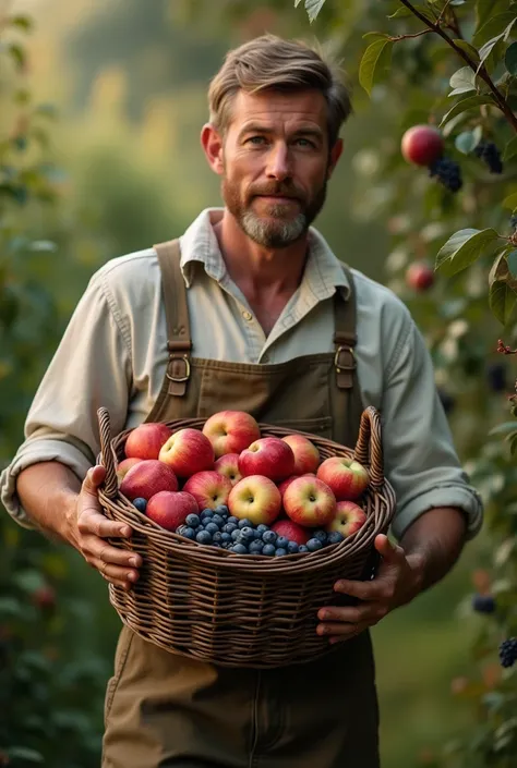 A cosy countryside homegrown fruits. The basket held by a man is full of various fruits. And apples and blue berries are currently being freshly picked now by a countryside man
 Masterpiece, Anatomically Correct, Award Winning, High Resolution, Best Qualit...