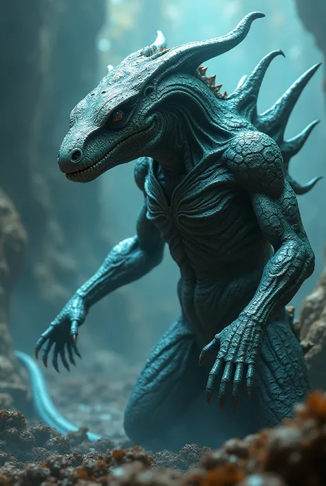  Alien body has a resistant and reptilian thickness, with metallic scales ,  that reflect light iridescently .  It gives off a smell of frozen and deep seas .