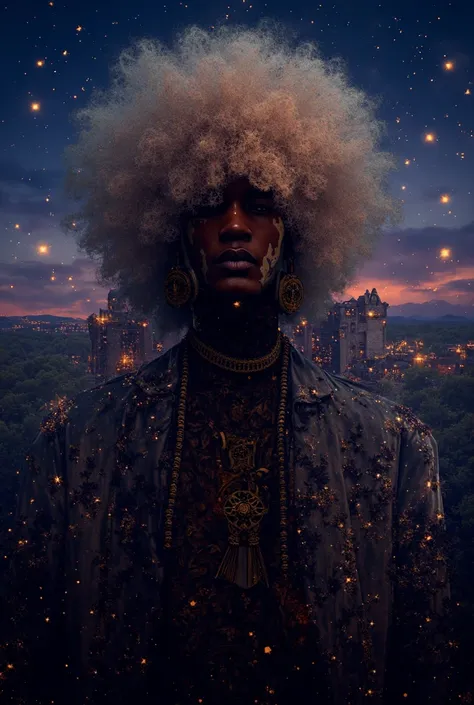  A 25-year-old black man with vitiligo across his body ,  with very light blond hair in afro ,  steampunk clothes and royal with light colors ,  blind eyes with a docile expression ,  a star-themed castle with dark sky in the background, colorful clouds,  ...