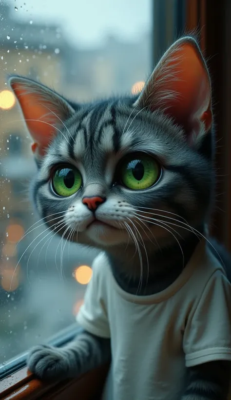 An anthropomorphic cat with a striped gray coat ,  with big green eyes and sad expression ,  looking out the window on a rainy day .  The cat is wearing a slightly wet white t-shirt. In the background,  raindrops drip on the window ,  creating a melancholi...