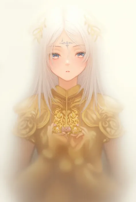  2D anime girl with fair skin ,  blue eyes,  white hair , GOLDEN armor of Pisces ,  with a black cross mark on her forehead and with a rose on her hand