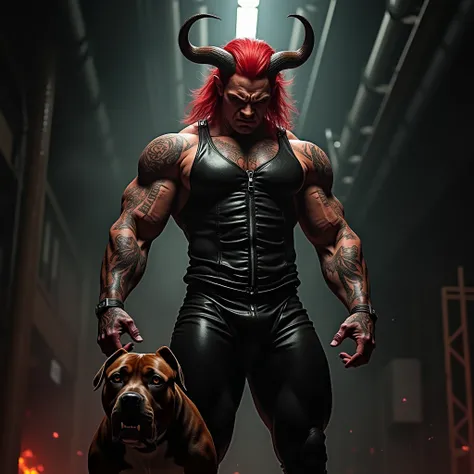 Redhead demon horns tattooed jumpsuit leather pitbull