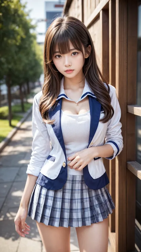 Product quality, 1 girl, cowboy carrying bodies shot ,Front View, Japanese young and pretty girl,Daytime,(well-proportion:1.3), sailor suit, blazer,wear, wear a checkered pleated micro mini skirt, very cute face , glossy lips , double eyelids,(Natural Cosm...