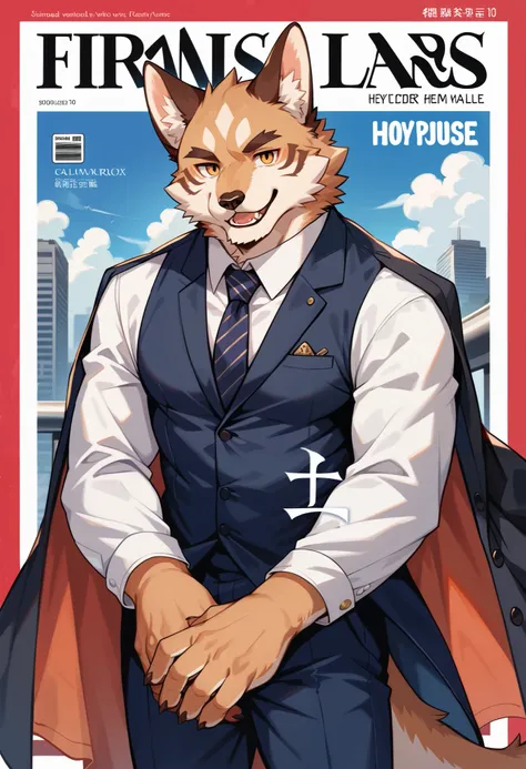 rating_safe, score_9, score_8_up, score_7_up, score_6_up, score_5_up, score_4_up, hires, Business magazine cover page, source_furry, source_anime, highres, absurdres, perfect anatomy, nice 1boys, kemono, suit, furry anthro, dignified pose, smile, portrait,