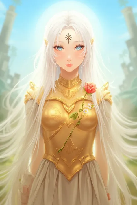  2D anime girl with fair skin ,  blue eyes,  white hair , GOLDEN armor of Pisces ,  with a black cross mark on her forehead and with a rose on her hand, Fund in Greece