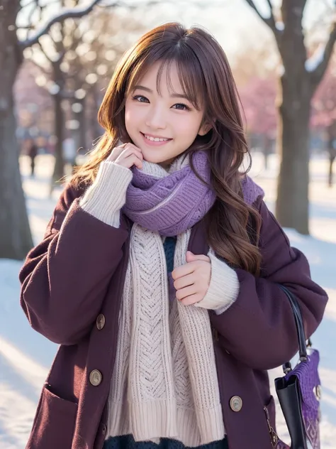 (Winter date ), ((Cute style outfit for a very cold day:1.2)),  view viewers, Japanese female university student, ( one woman:1.2),  shes so beautiful ,  glowing skin, perfect face,  Cute and Symmetrical Faces ,  light brown hair,  medium hair,  wave hair,...