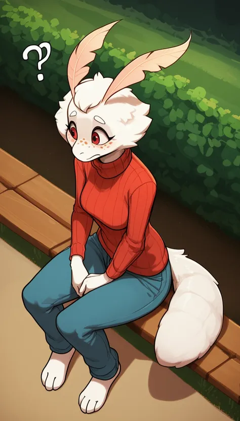 1 girl, anthropo, byry, by, fluffy by, The moth girl ?,  slightly nervous , linda,  loose pants,  turtleneck sweater,  seen from the side ,  sitting in a park ,  score_9,  score_8_above,  score_7_above,  score_6_above,  score_5_above,  score_4_above, white...