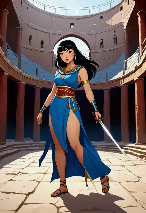 warrior girl, curvy asian girl, big , porcelain skin, black-haired asian girl, long hair with bangs covering her forehead, asian girl wearing a long dress, egyptian style dress, blue dress with one only slit on the left side, slit showing one leg, only one...