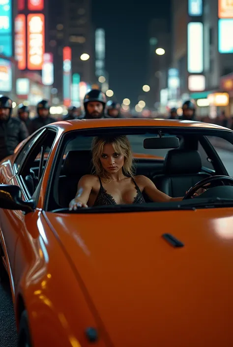 Slim girl dressed only with bra and thong driving an orange Toyota Supra MK4 looking out the side window in a city in America at night surrounded by bikers. Side view