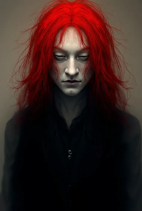 comic style,  A man with a supernatural appearance , very beautiful,  with long hair of intense red that falls in disordered locks up to his shoulders.  Her skin is pale , almost translucent,  with an impeccable texture that gives him a supernatural air . ...