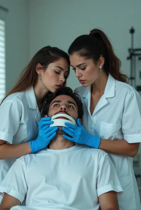 Two dominant and beautiful young nurses wearing surgical gloves put their hand over  a young male patients mouth to gag him, while the other woman holds up a roll of white tape.