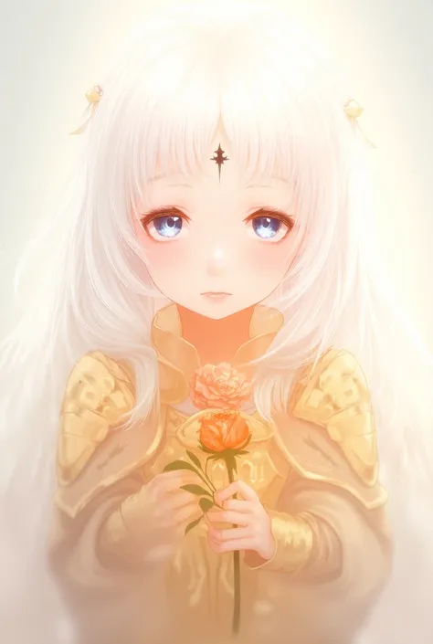 Cute 2D anime girl with fair skin,  blue eyes,  white hair , GOLDEN armor of Pisces ,  with a black cross mark on her forehead and with a rose on her hand