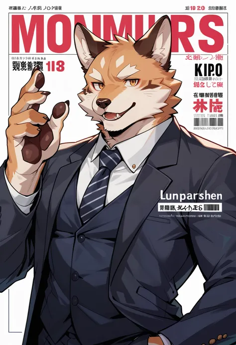 rating_safe, score_9, score_8_up, score_7_up, score_6_up, score_5_up, score_4_up, hires, Business magazine cover page, source_furry, source_anime, highres, absurdres, perfect anatomy, nice 1boys, kemono, suit, furry anthro, dignified pose, smile, portrait,