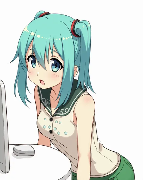 anime girl with blue hair and green shorts leaning on a computer, anime girl with teal hair, scales covering her chest, mikudayo, rei hiroe, blue scales covering her chest, scales on her chest, shirabii, 2 d anime, 2 d anime style, hatsune miku short hair,...