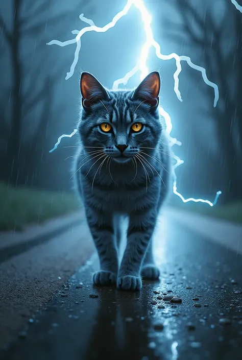 A gray cat struck by lightning in a dark wheather while walking on road