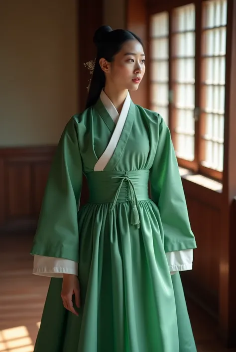 there is a modern womankorean with hijab in a green hanbok standing in a room, hanbok, korean hanbok, inspired by Jeong Seon, hanbok apron, traditional dress, inspired by Sim Sa-jeong, wearing a noblewomans outfit, royal elegant pose, 1 8 th century style,...