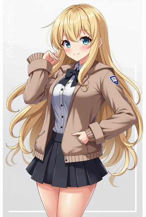 a chubby woman in a school uniform consists of white short skirt, red blazer, blue buttoned blouse, is posing, art of kirokaze pixel, anime moe artstyle, blonde anime girl with long hair, azur lane style, cushart krenz key art feminine, kantai collection s...