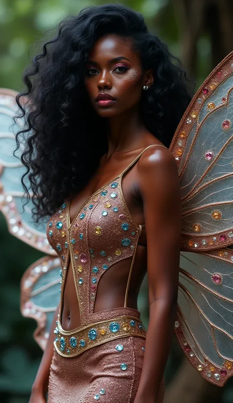 Black African woman with a ruby face  ,  long black hair ,  curly and voluminous  , She is beautiful ,  wears subtle makeup made with diamonds of different colors and a two-piece dress with colored diamonds with a curvilinear texture of medium thickness,  ...