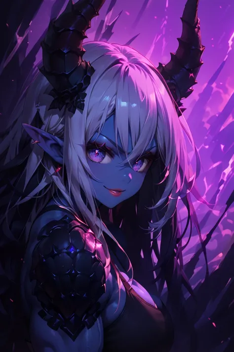 (((dark blue skin))), elf, perfect hands, Tall, Curvy body, Long wavy black hair with purple highlights, giant breasts, giant ass, wide hips, detailed hair, Pretty purple eyes, detailed face, soft face, beautiful face, smiling, detailed eyes, anime eyes, b...