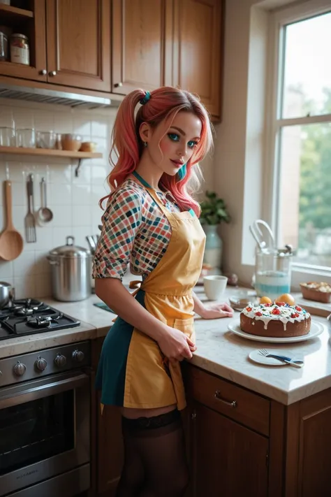 Play the harlequin in the kitchen make her body bigger and reduce her apron 