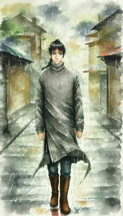  Watercolor painting of a man in the rain  . foto de   Full body   del hombre empapado por la lluvia.   tilts his head up to look at the rain ,   rainwater flows down his face  . He is walking down the street  ,   brushstrokes of watercolor painting style ...